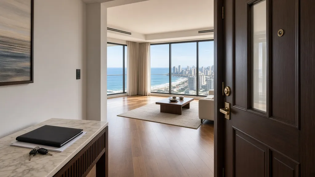 Entrada de apartamento de alto padrão com vista para o mar