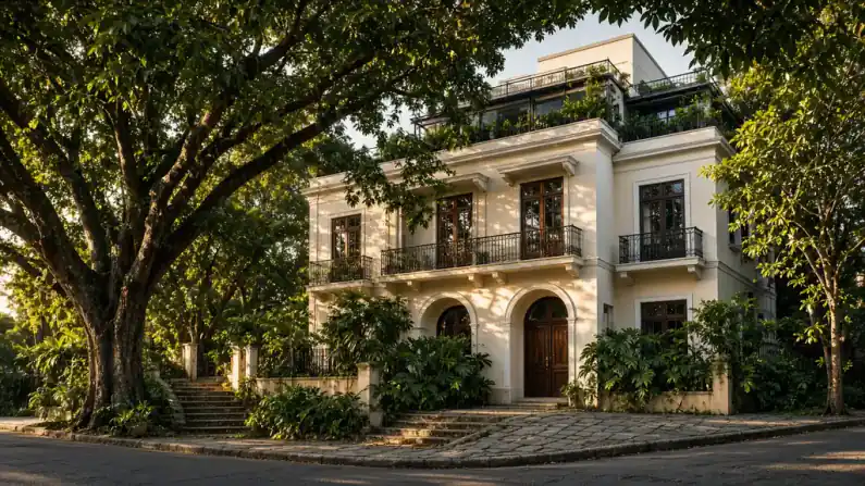 Edifício residencial tradicional com cobertura entre árvores na Graça