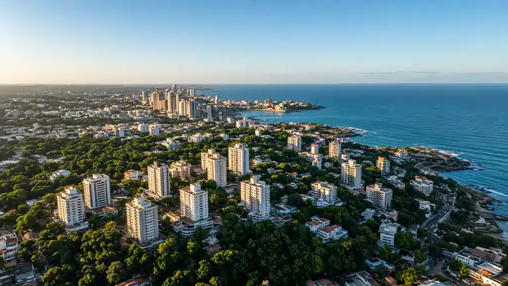 Vista aérea de bairros nobres de Salvador com prédios e o mar