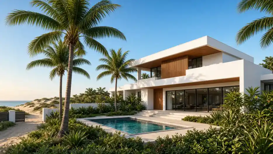Casa moderna com piscina e coqueiros perto da praia em Salvador