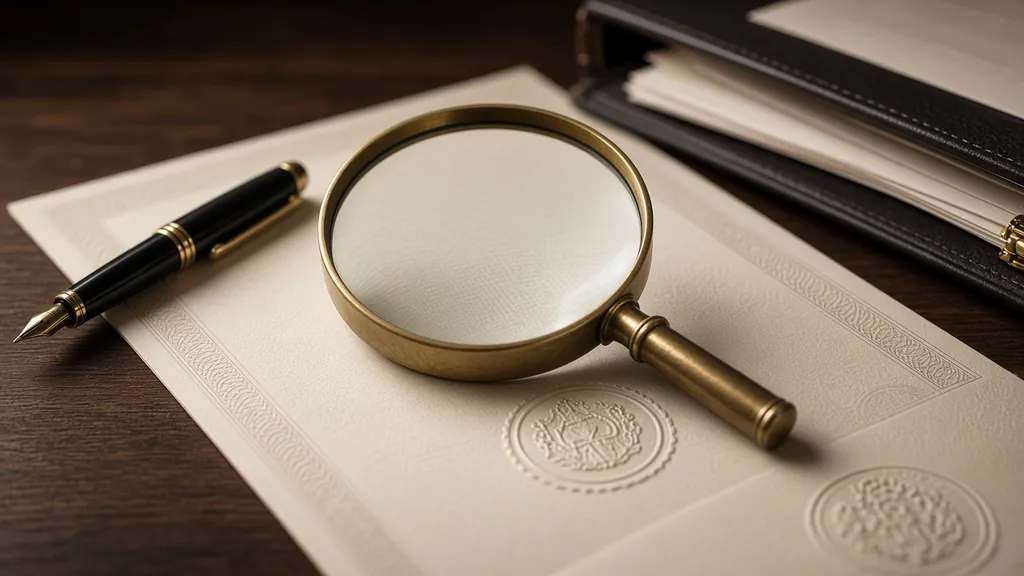Lupa sobre certidão de ônus reais com selo em relevo