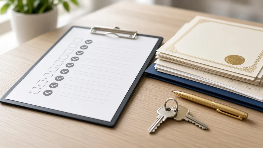 Checklist de due diligence ao lado de certidões e chaves