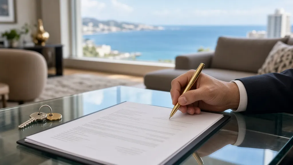 Assinatura de contrato de compra e venda em apartamento com vista para o mar
