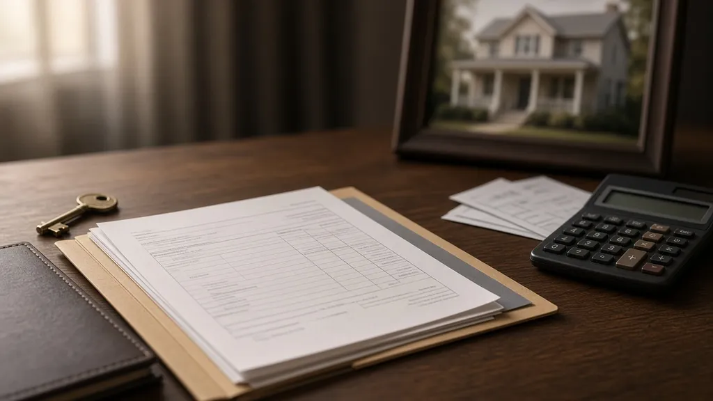 Documentos de inventário, calculadora e chave antiga sobre a mesa