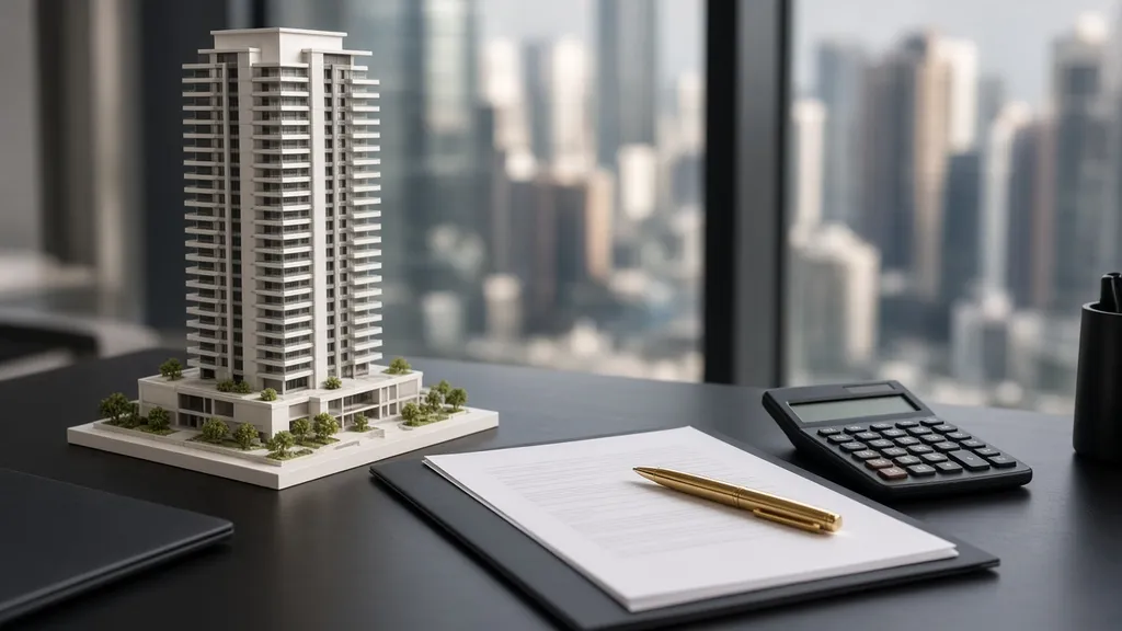 Maquete de torre residencial ao lado de contrato e calculadora