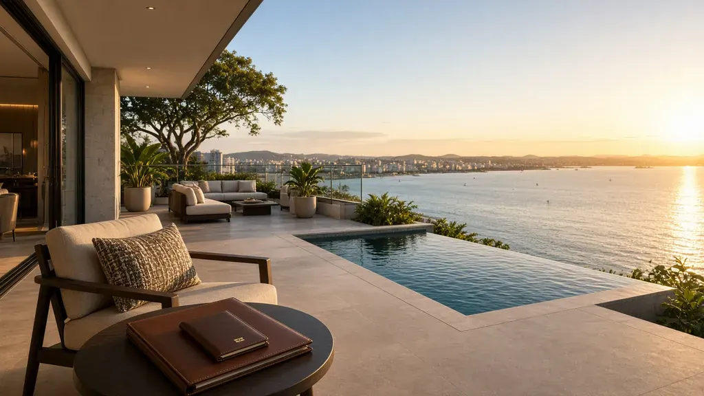 Terraço de cobertura com piscina diante da Baía de Todos-os-Santos