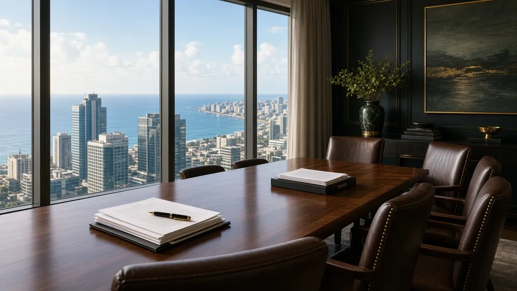 Sala de reunião de alto padrão preparada para planejamento patrimonial