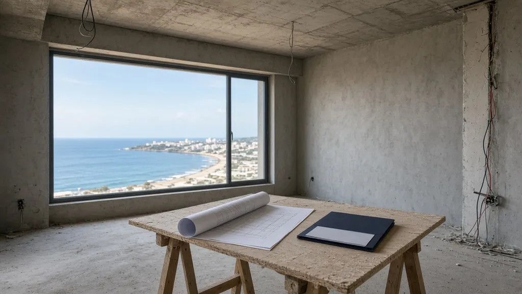 Apartamento inacabado com vista para o mar e plantas sobre a mesa
