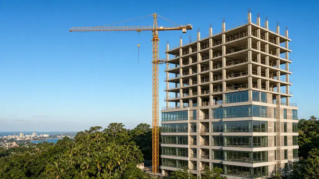 Edifício residencial em construção com guindaste em Salvador