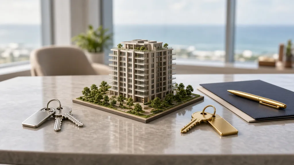 Maquete de edifício entre dois molhos de chaves em negociação de permuta