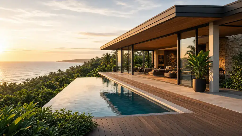 Casa de alto padrão com piscina de borda infinita diante do mar