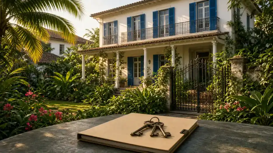 Documentos de propriedade sobre a mesa diante de uma casa
