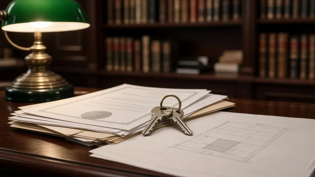 Chaves sobre documentos e planta de lote em mesa de cartório