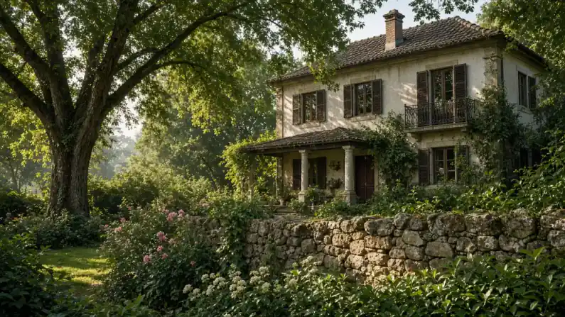 Casa antiga com jardim e muro de pedra, ocupada há muitos anos