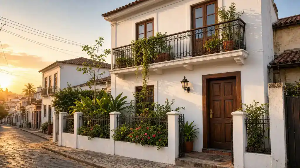 Casa urbana de família em rua de paralelepípedo