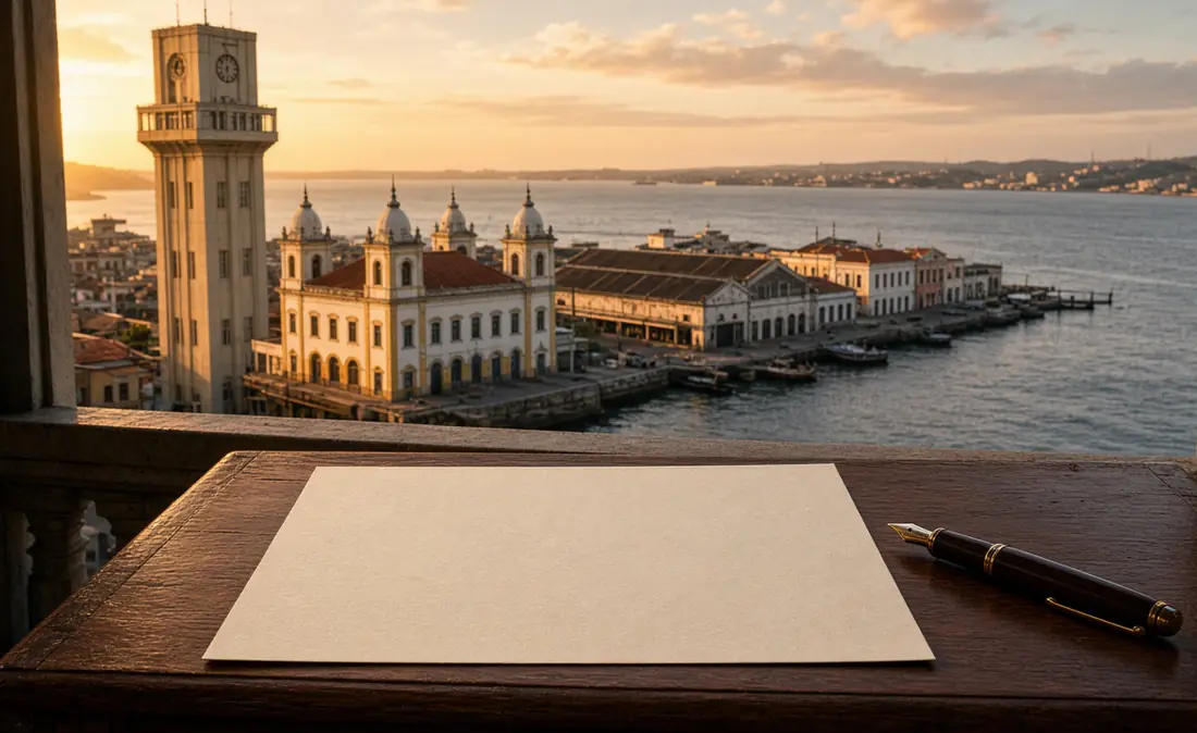 Elevador Lacerda e Cidade Baixa de Salvador, com documentos de escritura em primeiro plano