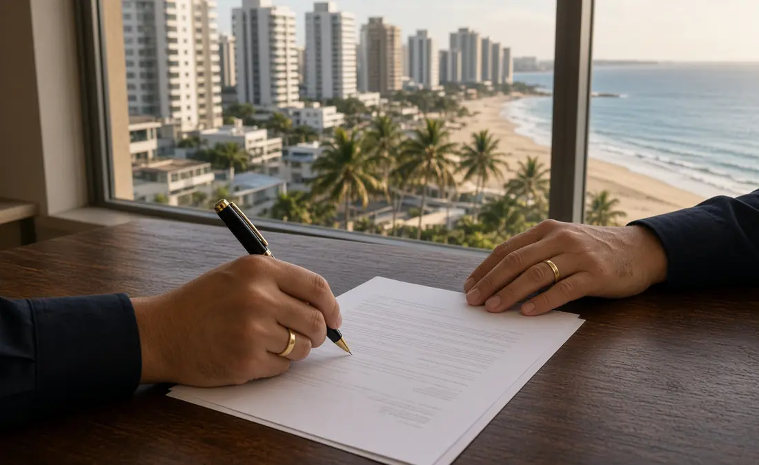 Assinatura de contrato imobiliário com vista para os condomínios da orla da Pituba, em Salvador