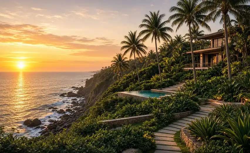 Jardim de residência de alto padrão em Ondina, Salvador, com vista para o Atlântico — planejamento sucessório